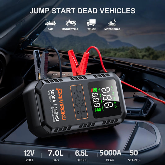 4-in-1 Car Jump Starter 5000A Peak with Air Compressor, 150PSI Tire Inflator, Portable Power Bank & Auto Battery Booster