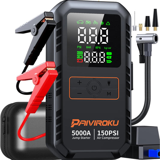 4-in-1 Car Jump Starter 5000A Peak with Air Compressor, 150PSI Tire Inflator, Portable Power Bank & Auto Battery Booster